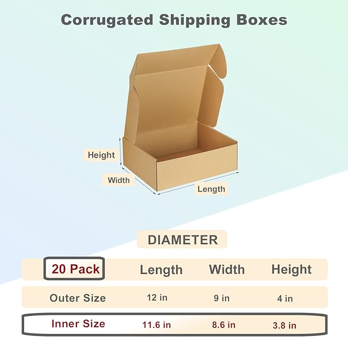 MEBRUDY 12x9x4 Inches Shipping Boxes Pack of 20, Small Corrugated Cardboard Box for Mailing Packing Literature Mailer