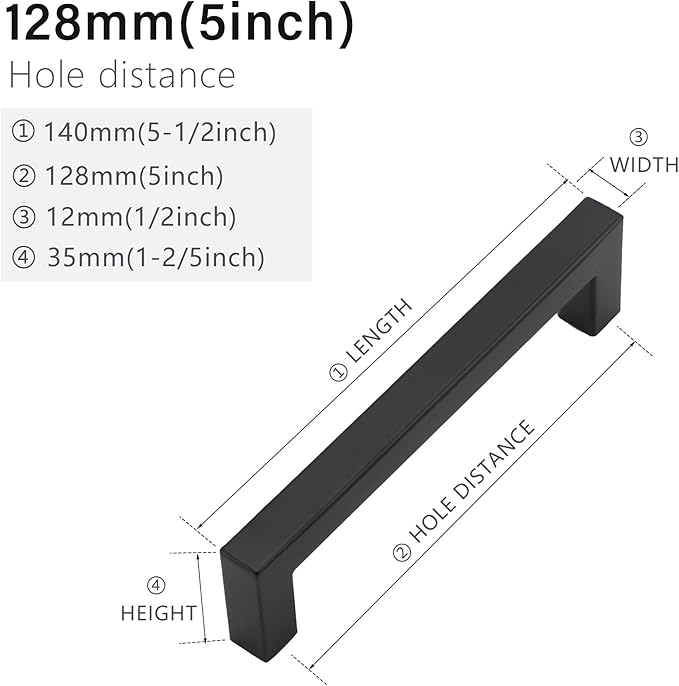 Cabinet Pulls Matte Black Cabinet Handles Square Drawer Pulls, 30 Pack 5 Inch Stainless Steel Kitchen Door Cupboard Cabinet Handles, Black Drawer Hardware Handles, 128mm Hole Centers