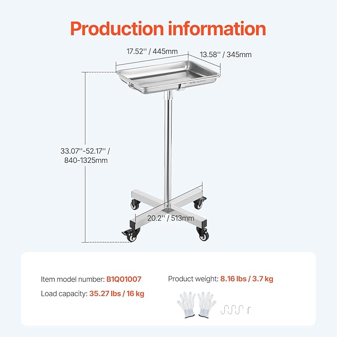 VEVOR Mayo Stand, Stainless Steel Mayo Tray, Load Capacity up to 36 lbs, Adjustable Height 31.9"-55", Medical Tray on Wheels with Removable Tray for Spa, Salon, Clinic, Personal Care