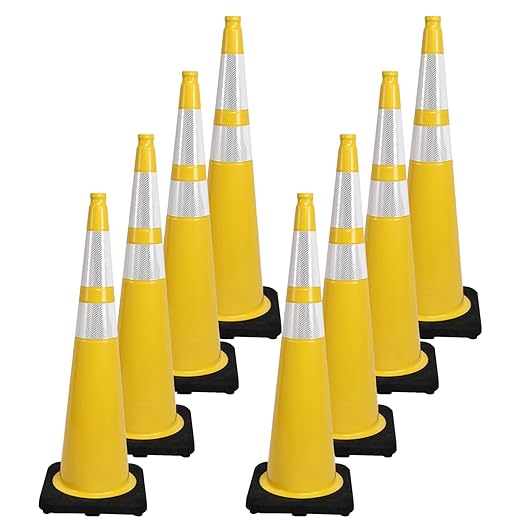8 Pack 36 Inch Yellow Traffic Cones with Reflective Strips, Large Black Base Safety Cones for Industrial Sites, Warehouses and Emergency Marking (8, Yellow, 36 Inch)
