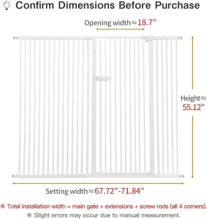 Lumizone Extra Tall Cat Gate 55.12" High Pressure Mounted Extra Wide 2025 New (17 Sizes) 1.37" Gap No Drilling Auto-Close One-Handed Operation Tall Pet Gate for Dogs(White, 55.12" H x 67.72"-71.84" W)