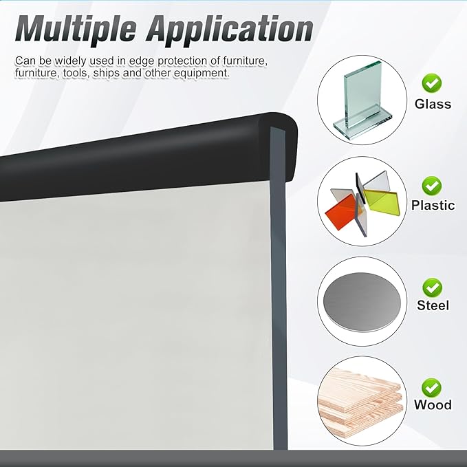 Rubber Edge Trim, Self Adhesive U Channel Edge Trim, U Shaped Trim for Plywood, Glasses, Mirror, Flexiglass, Sharp Edge Parts, Size 1/4" (6mm), Length 20Ft, Black Color, Peel and Stick Plastic Trims
