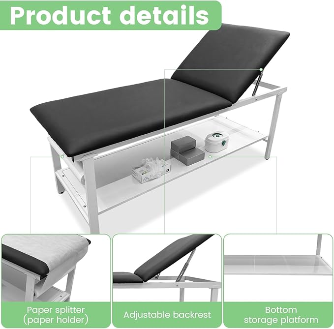 Adjustable Exam Table with Paper Roll Dispenser & Shelf, Physical Therapy Medical Exam Table, Patient Examination Bed, Durable, Low Maintenance and Holds Up to 400 Lbs (Black)