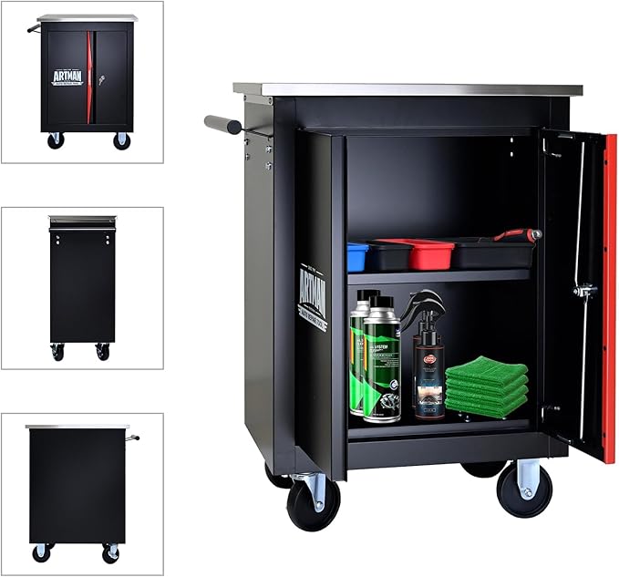 Double-Door Heavy-Duty Rolling Steel Tool Cart with Handle&Wheels, Metal Storage Organizer Cabinet, Tool Chest for Efficient Tool Storage in Garage, Warehouse, Workshop, Repair Shop, Black&RED