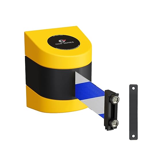 Crowd Control Warehouse - CCW Series WMB-230 Magnetic Wall Mount Retractable Belt Barrier - 30 Foot Belt, Blue and White Diagonal Belt with Yellow ABS Case