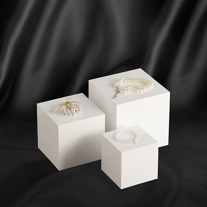 Glossy White Acrylic Cubes Display Nesting Risers,for displays and photography,displaying jewelry, cosmetics, figures,for retail counter,exhibition, Set of 3(4",5",6" cubes) (Glossy White)