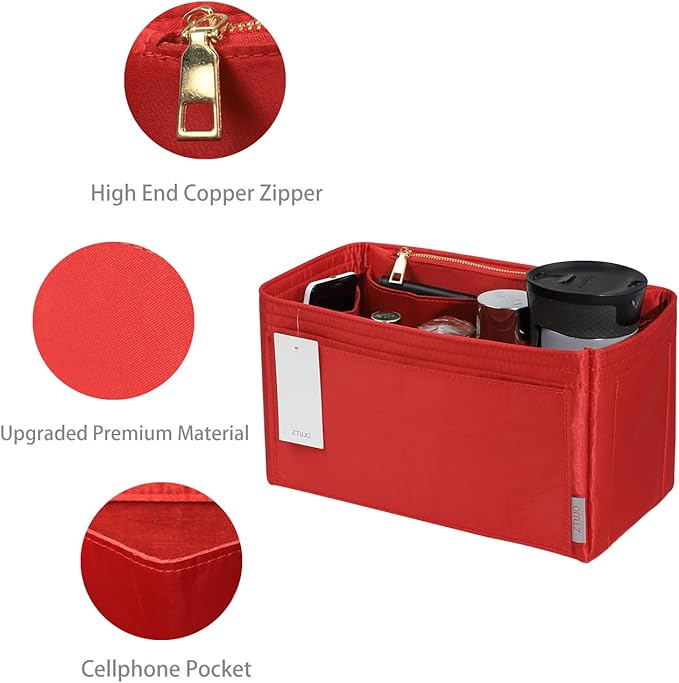ZTUJO Purse Organizer Insert For Handbags, Silky Touching Bag Organizer Insert With Bottle Holder, Perfect for Speedy, Neverfull, Tote,ONTHEGO,Artsy,Handbag and More (Large, Silky Red)