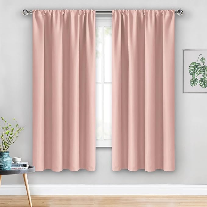 JIUZHEN Blackout Curtains for Bedroom - Thermal Insulated Room Darkening Rod Pocket Curtains for Living Room, Set of 2 Panels with Tiebacks, 38 x 63 Inch Length, Blush Pink