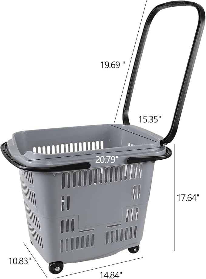 50 L Plastic Shopping Basket with Wheels, 4-Pack Large Rolling Shopping Basket with Handle, Grey