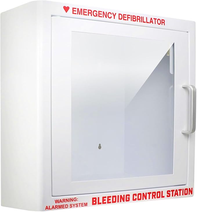 AED Defibrillator Wall Mounted Cabinet with Bleeding Control Kit Storage, 20-Gauge Steel, Large 17.4x17.3x6.9 Inch, Durable Metal Cabinet with Clear Window & Door Activated Alarm–Fits All AED Brands