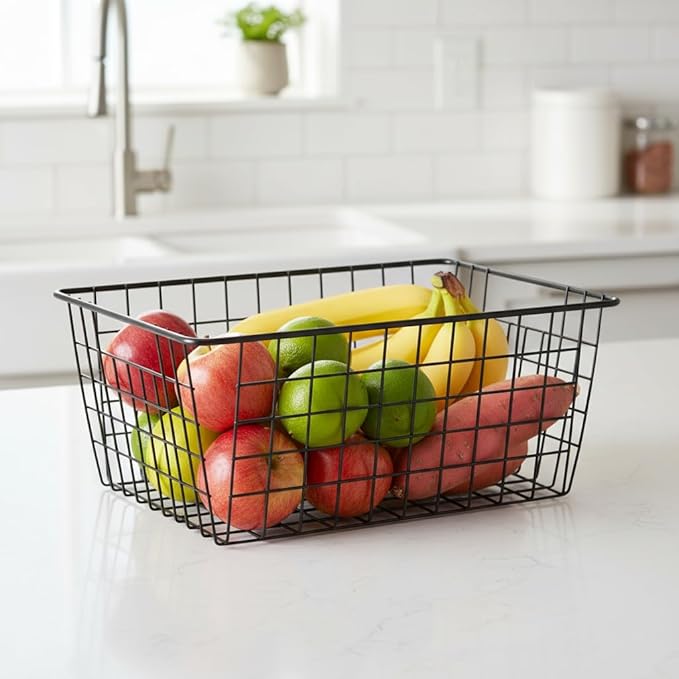 Metal Black Large Wire Basket Food Storage Organizer,pantry organizers and storage for Organizing Kitchen Cabinets potato onion, 4 Pack