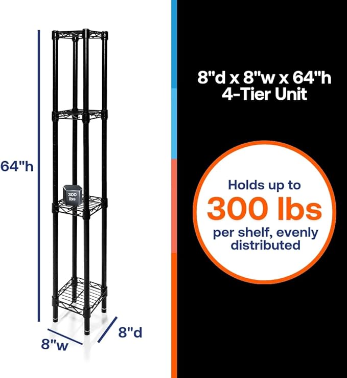 Shelving Inc. 8" d x 8" w x 64" h Black Wire Shelving with 4 Tier Shelves, Weight Capacity 300lbs Per Shelf