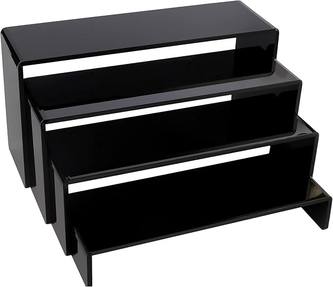 ELEGANTLIFE Acrylic Display Riser,4.3mm Heavy Duty Crystal Display Stand Shelf Layered Aesthetic, Jewelry Display Shelf Risers for Décor,4 Pack Set Multi-color (Black)