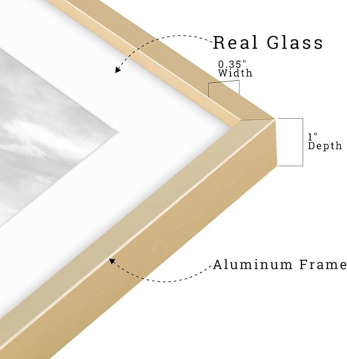 Frametory, 11x14 Metal Picture Frame with Mat for 8x10 Picture & Real Glass, Aluminum Photo Frame Collection (Gold, 1 Pack)