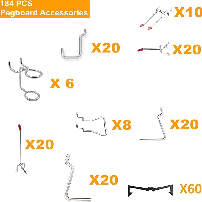 TORACK 184 PCS Pegboard Accessories, Pegboard Hooks Tool Organizer kit with Peg Locks, Metal Hooks for Pegboard Tool Storage System