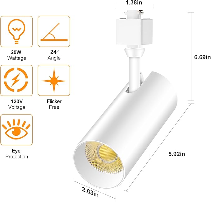 20W 3-Color Track Lighting Heads,H Type Dimmable Track Light fixtures,3000K-4500K-6000K Adjustable Track Lights Ceiling Spotlight for Retail Artwork Kitchen Lighting,Flicker Free 2000lm White