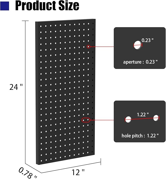4 PCS - 12" W x 24" H x 0.78" D Metal Pegboard Wall Organizer, Compatible with All 1/8" and 1/4" Hooks, Suitable for Wall Home, Garage Tool Storage, Office Organization, Craft Room, Kitchen