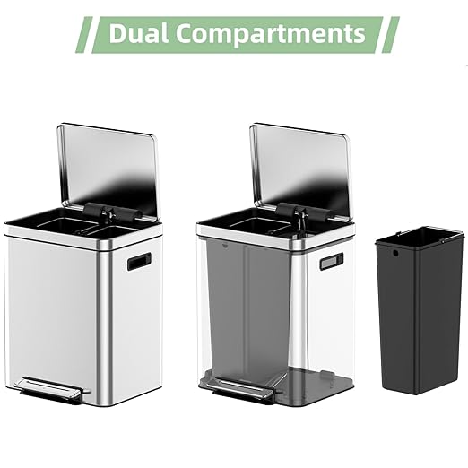 Dual Compartment Trash Can - 2 X 4.7 Gal (2 x 18L) Stainless Steel Trash Can, Double Sorting Bin with Soft Close Lids, Removable Inner Bucket, Step-on Recycling for Kitchen Home Office