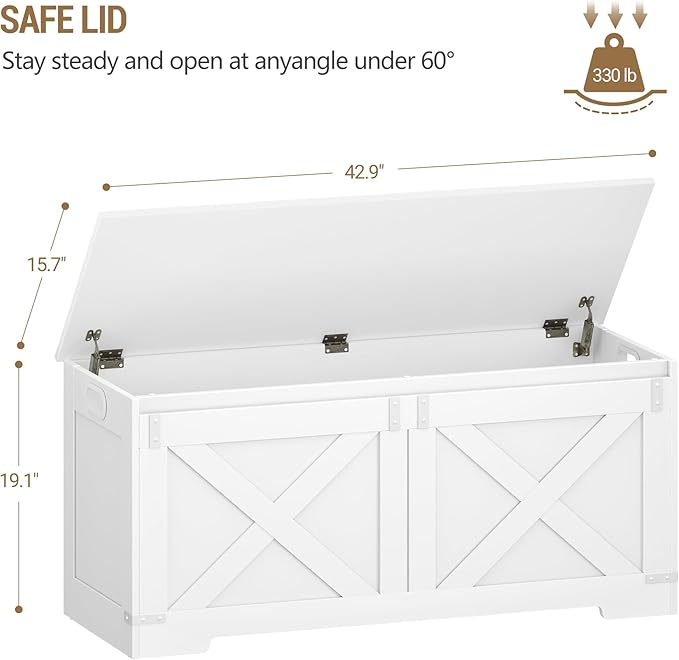 42.9" Storage Chest, Large Storage Trunk with 2 Hinges, Farmhouse Wooden Box Bench, Lift-Top Organizer Chest, Entryway Trunk for Bedroom, Living Room, White SB10903X
