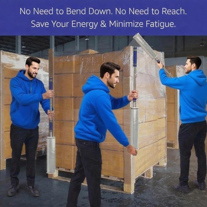 Long Handle Stretch Film Dispenser – 47" Heavy Duty Shrink Wrap Pole Tool – Fits 2-3" Core & 6-20" Film Width – Easy Pallet Wrapping