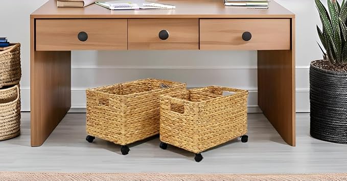PEMAR Rolling Wicker Storage Basket Set of 2 – Natural Water Hyacinth & Seagrass Bins on Wheels with Removable Divider & Insert Handles – Nesting Design for Under Desk, Home & Office Organization