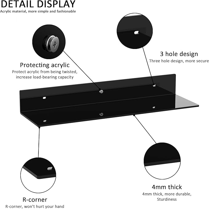 20 Inches Acrylic Wall Shelves 2 Pack, Floating Shelf for Wall Mounting, Acrylic Display Ledges for Funko Pop Figures, Home Décor, Living Room, Gaming Room, Plants(20 inch, Black)