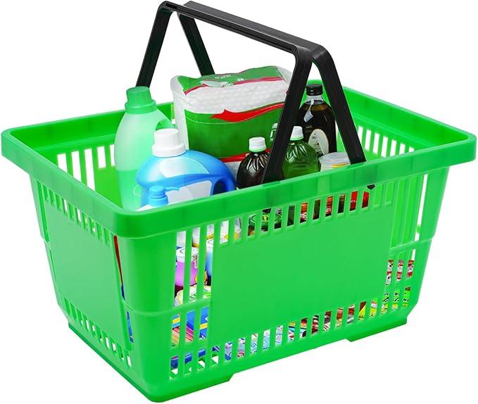 12PCS Green Plastic Shopping Baskets with Handles, Portable Retail Baskets Grocery Basket with Handles,18L Hand Shopping Basket Set for Stores, Supermarket, Retail, Groceries Carrying