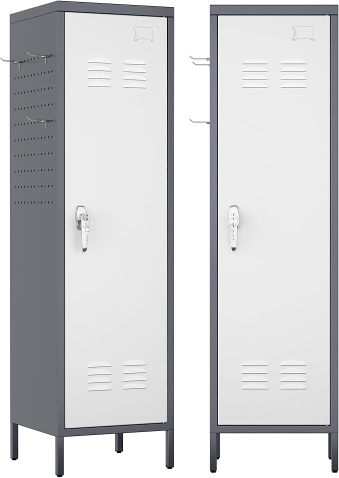 Aobabo Metal Locker, 54" H Metal Storage Locker for Employees, Lockable 1 Door with Towel Rack and 2 Side Pegboards with Hooks for Home School Office Gym, Assembly Required (Gray White)