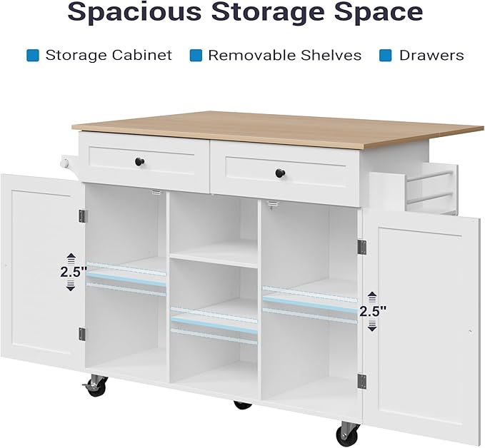 Kitchen Island on Wheels, Rolling Kitchen Island with Drop Leaf and 2 Drawers, Mobile Kitchen Cart Table Storage Cabinet with Tower Rack and Spice Rack for Dining Room, Kitchen, White