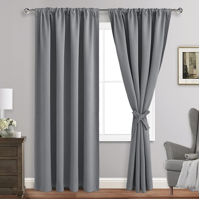 JIUZHEN Blackout Curtains for Bedroom - Thermal Insulated Room Darkening Rod Pocket Curtains for Living Room, Set of 2 Panels with Tiebacks, 52 x 96 Inch Length, Light Grey