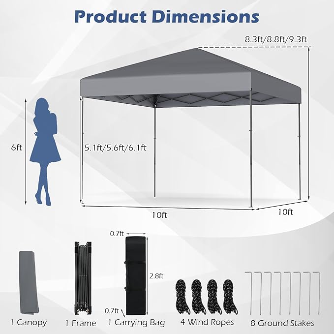 Tangkula 10x10 FT Pop Up Canopy, UPF50+ Portable Outdoor Tent with 8 Stakes, 4 Wind Ropes, Carrying Bag, Foldable Canopy Tent for Beach Party Event Camping