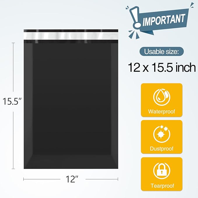 Famagic 200pcs Poly Mailers 12x15.5 Inch Shipping Bags Black Shipping Envelopes Self Seal Mailers Bags Waterproof and Tear-Proof Packaging Bags