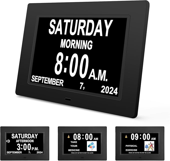 JALL 【2024 New】 Digital Calendar Dementia Day Clock, 7 Inch Large Screen Display, with Multiple Alarms, AM & PM Display, for Impaired Vision People, Age Seniors, for Desk, Wall Mounted