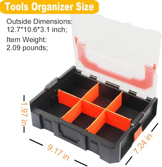 Small Parts Organizer, 6-Compartments Parts Organizer, Stackable, Removable Dividers for Hardware(2 PCS)