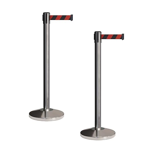 CCW Set of 2 Retractable Belt Barriers Stanchion, Polished Stainless Steel Post, RBB-100 (9 Foot Belt, Black and Red Diagonal Belt)