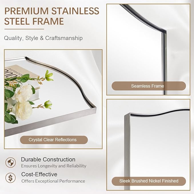 ANDY STAR Brushed Nickel Mirror, 24"x36" Silver Scalloped Wall Mirror for Bathroom, Curved Edge Design with SUS304 Stainless Steel Metal Frame, Ideal for Bathroom, Bedroom, Entryway