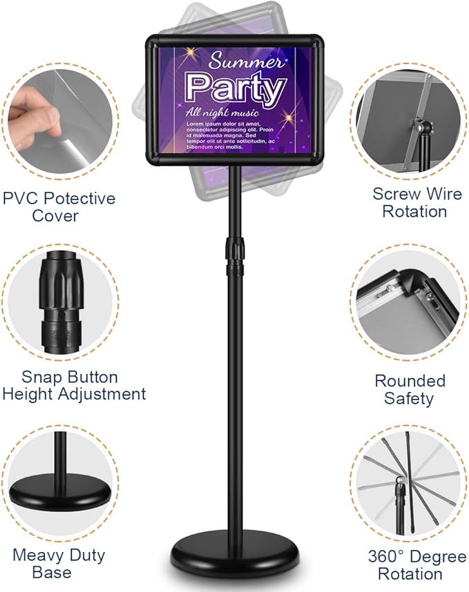 JACNITAD 2 Pack Adjustable Sign Holder Stand with Base, 8.5 x 11 Inch Vertical and Horizontal View Sign Displayed, Snap Open Frame for School Store Business Advertise Show Christmas Decor, Black