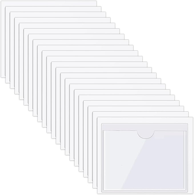 Chinco 50 Pack Clear Adhesive Pockets, Labels for Storage Bins, Plastic Self Adhesive Index Card Holder with Top Open for Organizing Bins Box Drawer(3.1 x 3.9 Inches)