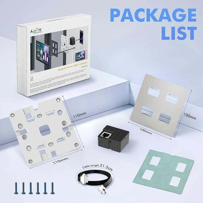 Agile Universal PoE Flush Tablet Wall Mount Kit with Bracket & Flat Cable, in-Wall AC to USB-C Power Adapter Enclosure for 8-12 Tablets (Suitable for 86 Boxes Smart Home/Office, 27W) (27W 1Gps Set)