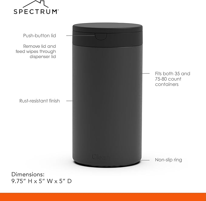 Spectrum Disinfecting Wipes Container with Push Button Lid - Refillable Dispenser for Bathroom, Kitchen, Countertop, & Home - Stainless Steel & Rust-Resistant Disinfectant Wipes Holder (Pack of 12)