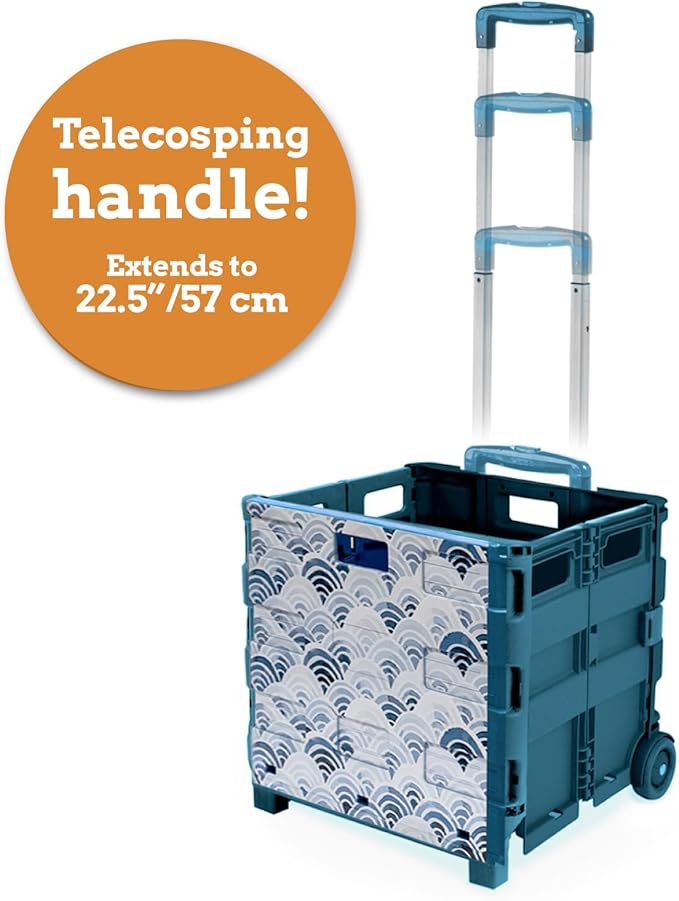 Inspired Living Ultra-Slim Rolling Collapsible Storage Pack-N-Roll Utility-carts, with Telescopic Handle, for Home, Garden, Shopping, Office, School use, Large, Blue, Wave Print