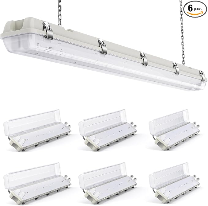 Sunco LED Ready Fixture for Garage Ceiling, 4ft Shop Lights Holds 2 LED Tube Lights, Non-Dimmable, Surface Mount, Works with Type B and Hybrid Tubes, 120-277V, Wet Rated ETL 6 Pack