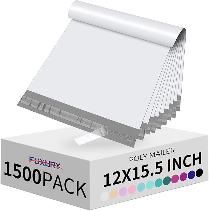 Fuxury 1500 Pcs 12x15.5" Poly Mailers,Waterproof Mailing Envelopes for Clothing, Strong Adhesive Poly Shipping Postage Bags for Small Business(White)