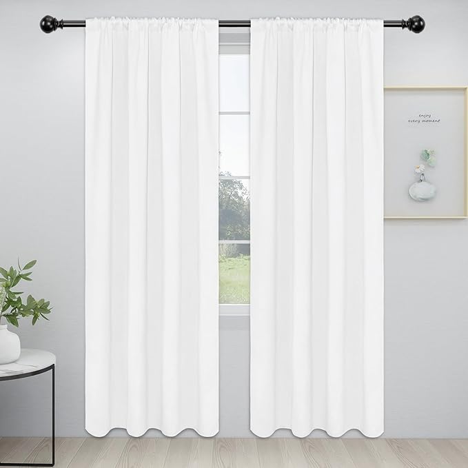 Easy-Going Rod Pocket Blackout Curtains for Bedroom, Room Darkening Window Curtains for Living Room, Thermal Insulated Noise Reduction Solid Window Drapes, 2 Panels(34x84 in, White)