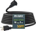 50 Ft Indoor Outdoor Black Extension Cord, 16/3 SJTW Heavy Duty Water-Resistant, 3 Prong Grounded Plug Power Cord for Home Appliance, Lights and Lawn, 13A 1625W, UL Listed