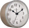 Presentime & Co 4" Farmhouse Tabletop Alarm Mantel Clock, Desk and Shelf Clock, Silent no Ticking, Light Grey Oak and Rusted Galvanized Finish. Tabletop Décor, Home Décor, Farmhouse Décor