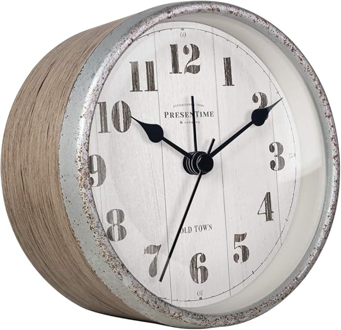 Presentime & Co 4" Farmhouse Tabletop Alarm Mantel Clock, Desk and Shelf Clock, Silent no Ticking, Light Grey Oak and Rusted Galvanized Finish. Tabletop Décor, Home Décor, Farmhouse Décor