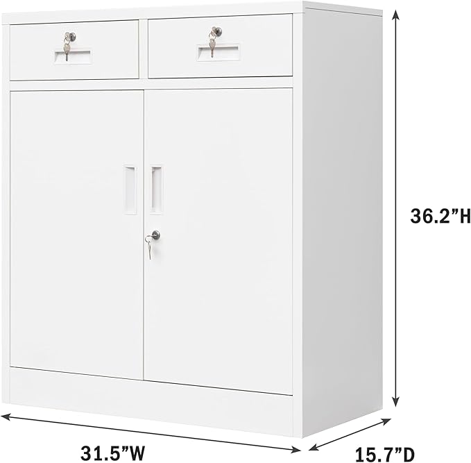 Metal Storage Cabinet, Locking Storage Cabinet with Adjustable Shelf, 36" H Metal Cabinets with 2 Drawers for Office, Garage, Home-White