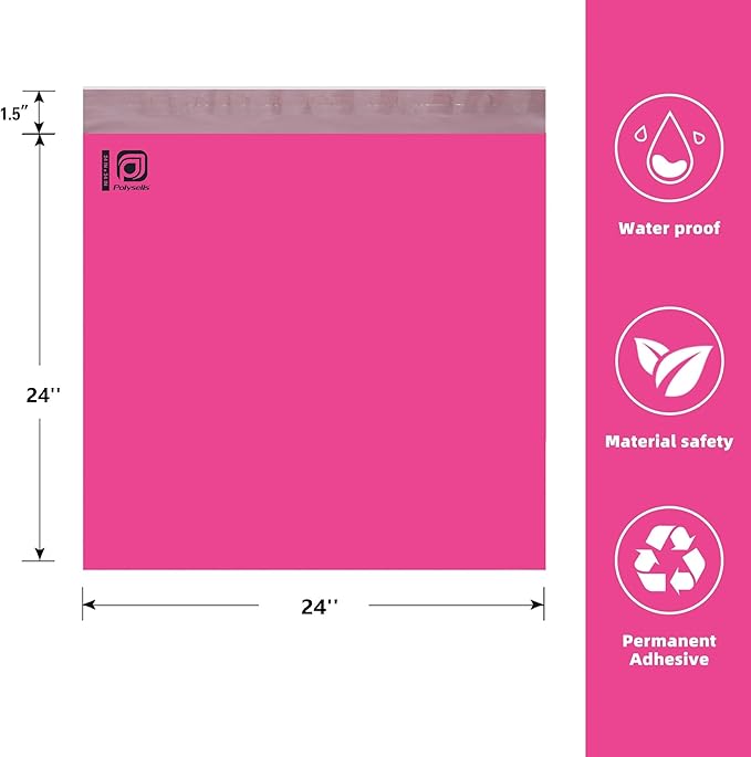 POLYSELLS 50 Pcs 24"x24" PInk Poly Mailers Shipping Envelopes, Strong Adhesive Sealing, Waterproof, and Tear-resistant Postal Mailing Bags. Mailer Bags for clothing, books, and accessories