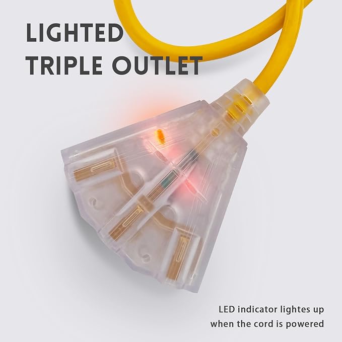 EP 15 Ft Lighted Outdoor Extension Cord with 3 Electrical Power Outlets - 14/3 SJTW Heavy Duty Yellow Extension Cable with 3 Prong Grounded Plug - Power Cord for Lawn, Garden, Appliances